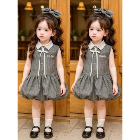 Váy bé gái, váy bí phồng kẻ xám thêu chữ MIN MIN cho bé 10-22kg