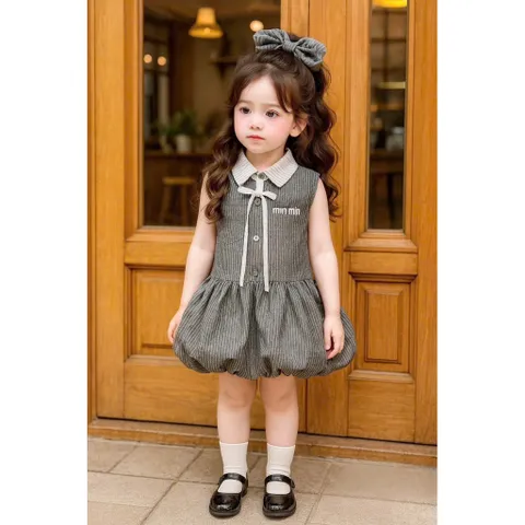 Váy bé gái, váy bí phồng kẻ xám thêu chữ MIN MIN cho bé 10-22kg