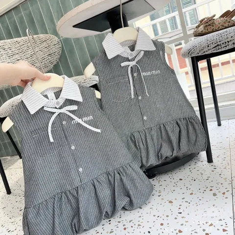 Váy bé gái, váy bí phồng kẻ xám thêu chữ MIN MIN cho bé 10-22kg