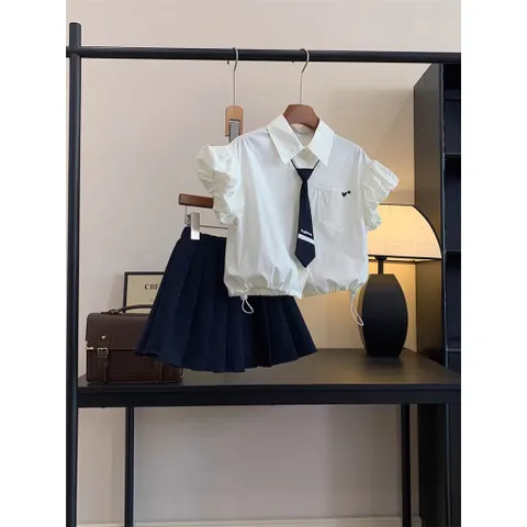 Đồng phục hoc sinh, set váy đồng phục 3ct: áo sơ mi tay bồng, chân váy xếp ly và cà vạt cho bé 15-35kg