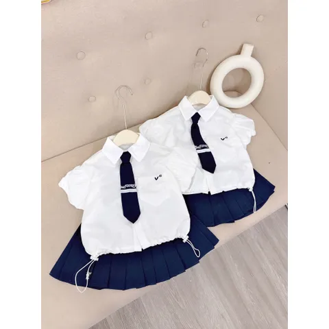 Đồng phục hoc sinh, set váy đồng phục 3ct: áo sơ mi tay bồng, chân váy xếp ly và cà vạt cho bé 15-35kg