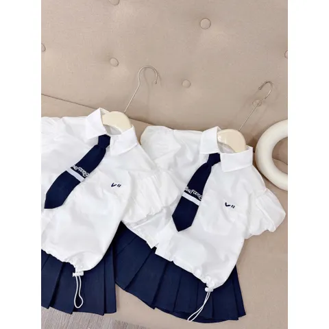Đồng phục hoc sinh, set váy đồng phục 3ct: áo sơ mi tay bồng, chân váy xếp ly và cà vạt cho bé 15-35kg