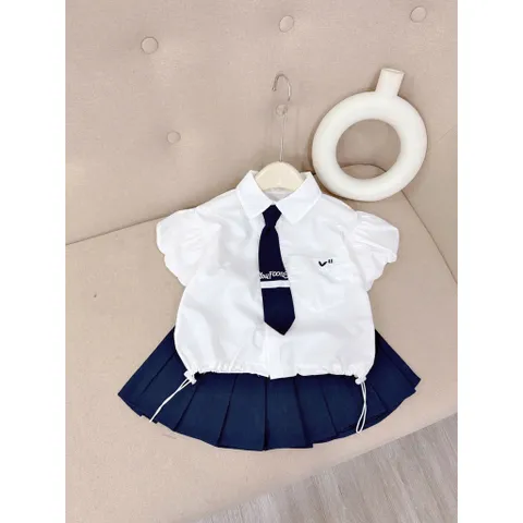 Đồng phục hoc sinh, set váy đồng phục 3ct: áo sơ mi tay bồng, chân váy xếp ly và cà vạt cho bé 15-35kg