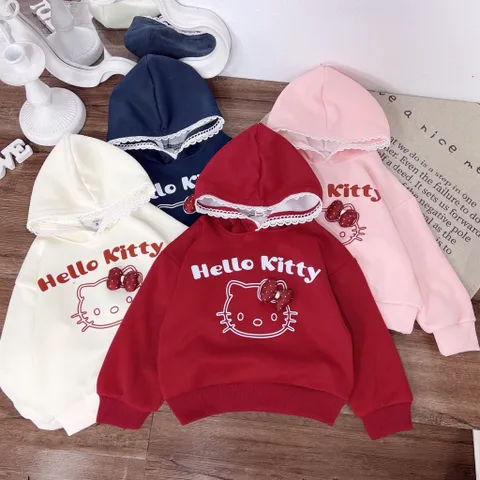 Áo Hoodie bé gái, áo nỉ có mũ Hello kitty thêu đắp cho bé 10-30kg