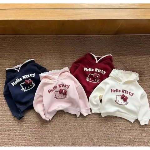 Áo Hoodie bé gái, áo nỉ có mũ Hello kitty thêu đắp cho bé 10-30kg