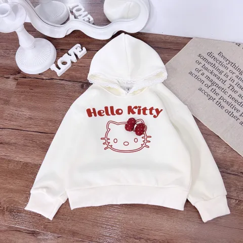 Áo Hoodie bé gái, áo nỉ có mũ Hello kitty thêu đắp cho bé 10-30kg
