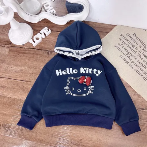 Áo Hoodie bé gái, áo nỉ có mũ Hello kitty thêu đắp cho bé 10-30kg