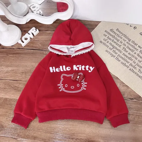 Áo Hoodie bé gái, áo nỉ có mũ Hello kitty thêu đắp cho bé 10-30kg