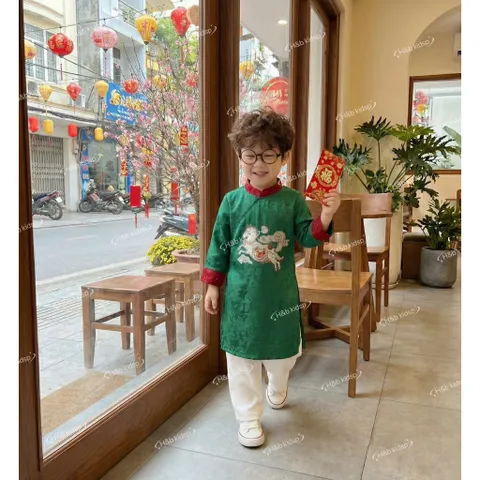 Áo dài cách tân bé trai, áo dài gấm lụa thêu ngựa cho bé 8-20kg