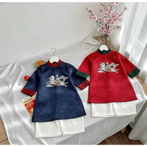 Áo dài cách tân bé trai, áo dài gấm lụa thêu ngựa cho bé 8-20kg