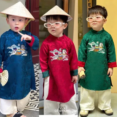 Áo dài cách tân bé trai, áo dài gấm lụa thêu ngựa cho bé 8-20kg