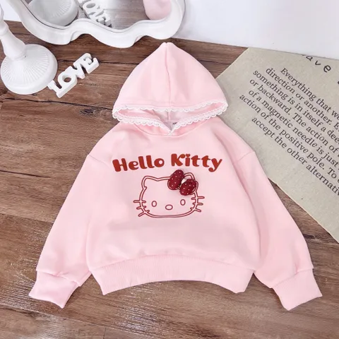 Áo Hoodie bé gái, áo nỉ có mũ Hello kitty thêu đắp cho bé 10-30kg