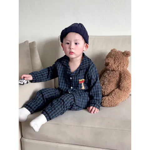 Pijama cho bé, set bộ pijama dài tay chất thô kẻ mềm mại cho bé trai và bé gái size 8-24kg
