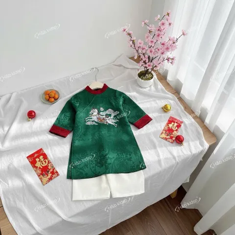 Áo dài cách tân bé trai, áo dài gấm lụa thêu ngựa cho bé 8-20kg