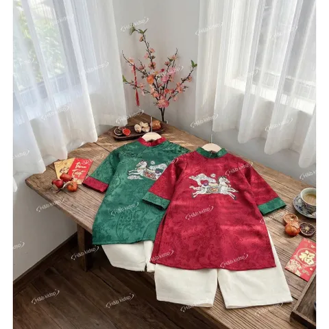 Áo dài cách tân bé trai, áo dài gấm lụa thêu ngựa cho bé 8-20kg