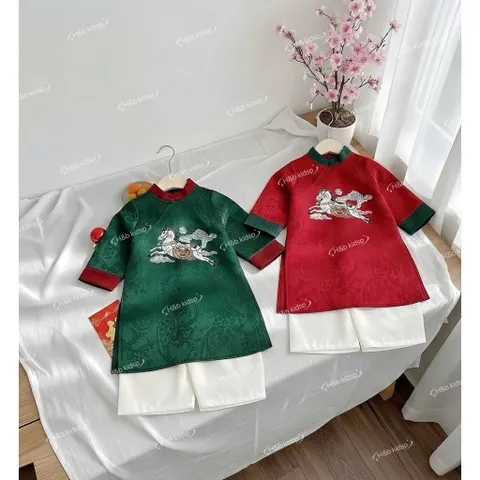 Áo dài cách tân bé trai, áo dài gấm lụa thêu ngựa cho bé 8-20kg