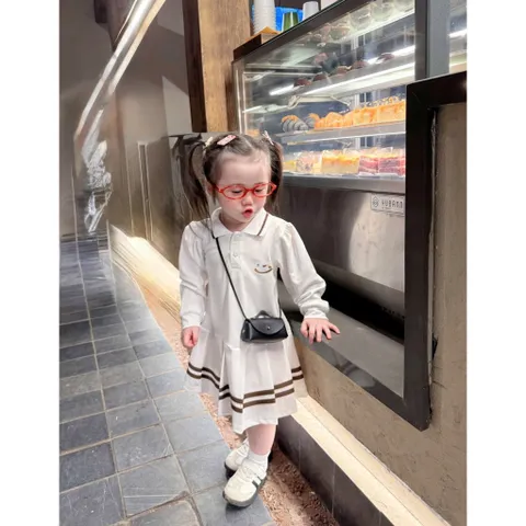 Váy bé gái, váy polo dài tay thêu ngựa cho bé 9-25kg