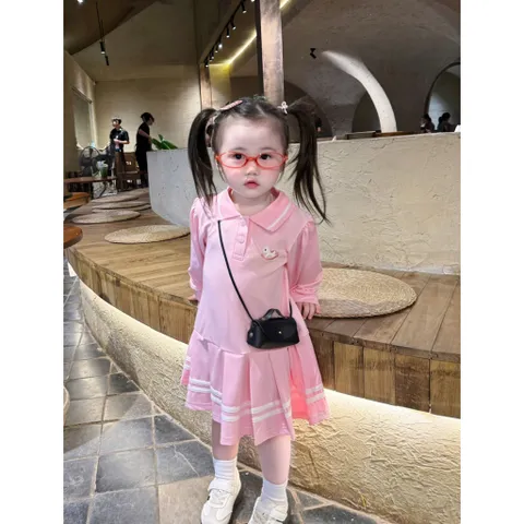 Váy bé gái, váy polo dài tay thêu ngựa cho bé 9-25kg