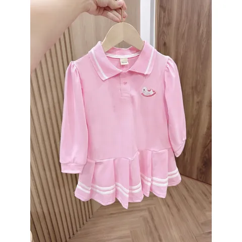 Váy bé gái, váy polo dài tay thêu ngựa cho bé 9-25kg