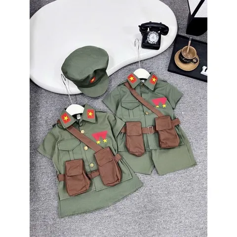 Đồng phục cho bé, set 4ct chú bộ đội cho bé trai và bé gái kèm mũ từ 10-30kg