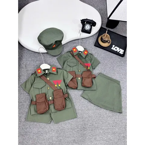 Đồng phục cho bé, set 4ct chú bộ đội cho bé trai và bé gái kèm mũ từ 10-30kg