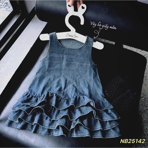 Váy bé gái, váy jean giấy sát nách nhiều tầng bồng bềnh dễ thương cho bé 10-30kg