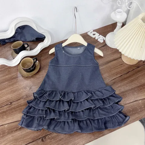 Váy bé gái, váy jean giấy sát nách nhiều tầng bồng bềnh dễ thương cho bé 10-30kg