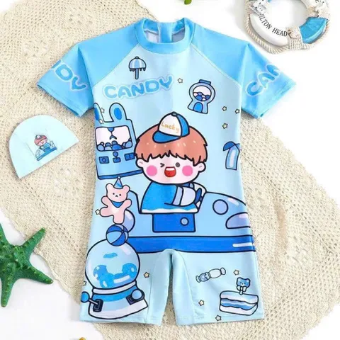 Đồ bơi cho bé, set đồ bơi liền thân kèm mũ họa tiết siêu dễ thương cho bé trai và bé gái từ 10-28kg