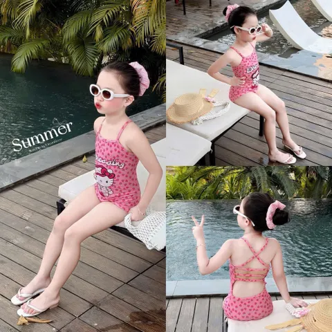 Bikini bé gái, đồ bơi liền thân hoạ tiết dâu tây dễ thương cho bé 10-30kg