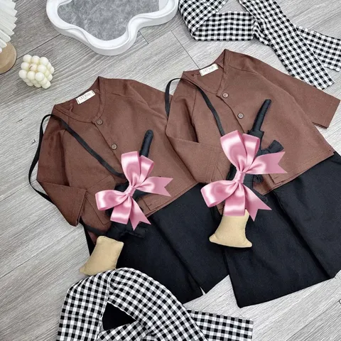Quần áo bé gái, set 4ct: bộ quần áo khối dân quân miền bắc, kèm khăn cho bé 10-30kg