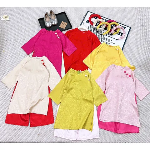 Áo dài cách tân cho bé gái, set áo dài lụa vân hoa sắc màu tặng kèm bờm size 10-30kg