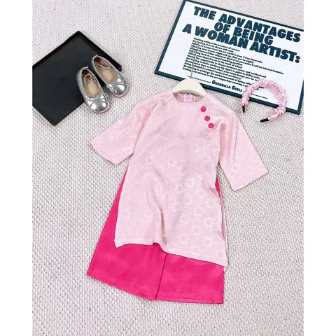 Áo dài cách tân cho bé gái, set áo dài lụa vân hoa sắc màu tặng kèm bờm size 10-30kg