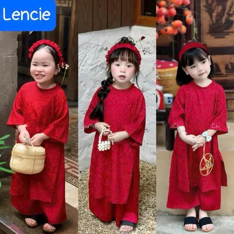 Áo dài cách tân cho bé gái, set áo dài lụa vân hoa sắc màu tặng kèm bờm size 10-30kg