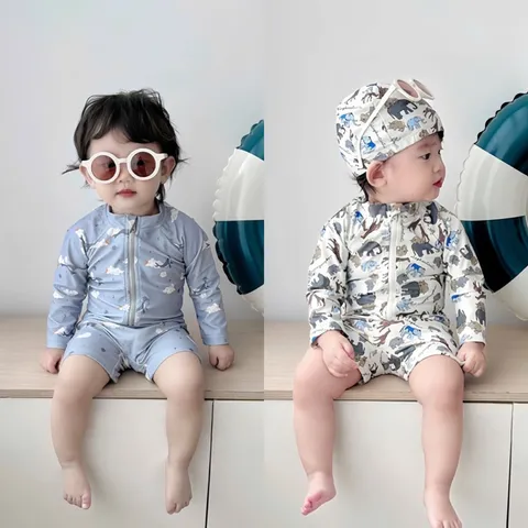 Đồ bơi bé trai, set bộ bơi liền thân dài tay tặng kèm mũ bơi cho bé trai 8-27kg