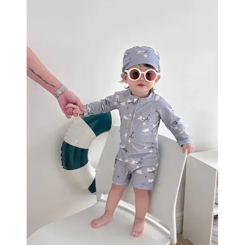 Đồ bơi bé trai, set bộ bơi liền thân dài tay tặng kèm mũ bơi cho bé trai 8-27kg