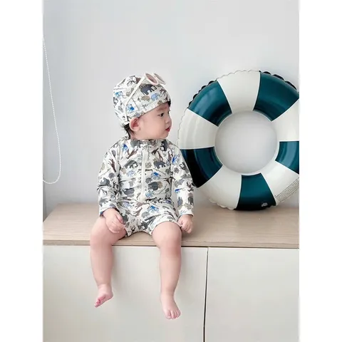 Đồ bơi bé trai, set bộ bơi liền thân dài tay tặng kèm mũ bơi cho bé trai 8-27kg