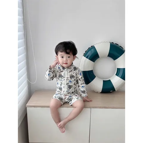 Đồ bơi bé trai, set bộ bơi liền thân dài tay tặng kèm mũ bơi cho bé trai 8-27kg