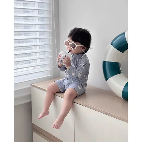 Đồ bơi bé trai, set bộ bơi liền thân dài tay tặng kèm mũ bơi cho bé trai 8-27kg