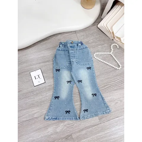 Quần dài bé gái, quần Jean ống loe thêu Nơ đậm đính đá cho bé 10-30kg