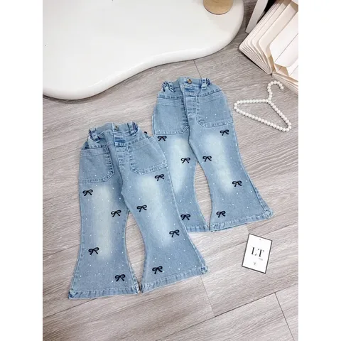 Quần dài bé gái, quần Jean ống loe thêu Nơ đậm đính đá cho bé 10-30kg