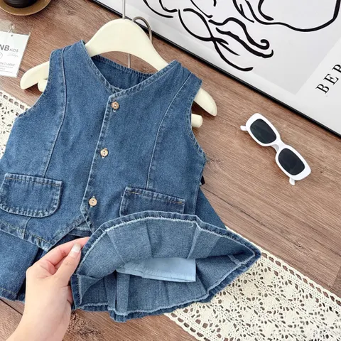 Váy bé gái, set áo bò Gile kèm chân váy xếp ly cho bé 10-30kg