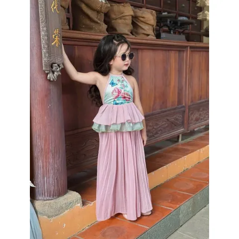 Váy bé gái, set áo yếm hoa mẫu đơn kèm chân váy tím dài dập ly size 10-30kg