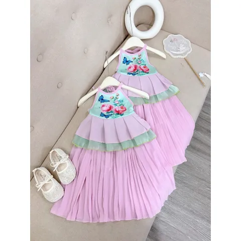 Váy bé gái, set áo yếm hoa mẫu đơn kèm chân váy tím dài dập ly size 10-30kg