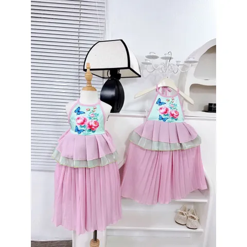 Váy bé gái, set áo yếm hoa mẫu đơn kèm chân váy tím dài dập ly size 10-30kg