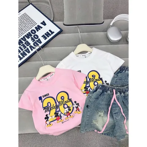 Quần áo bé gái, set bộ áo cotton họa tiết Mickey 28 kèm quần short jean lửng cho bé 15-35kg