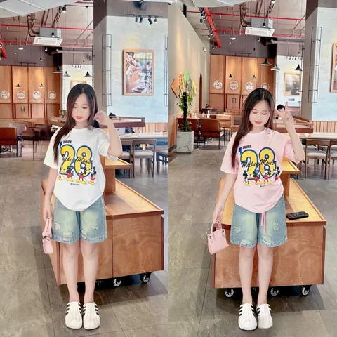 Quần áo bé gái, set bộ áo cotton họa tiết Mickey 28 kèm quần short jean lửng cho bé 15-35kg