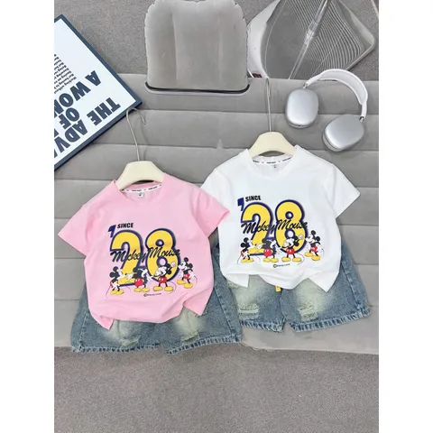 Quần áo bé gái, set bộ áo cotton họa tiết Mickey 28 kèm quần short jean lửng cho bé 15-35kg