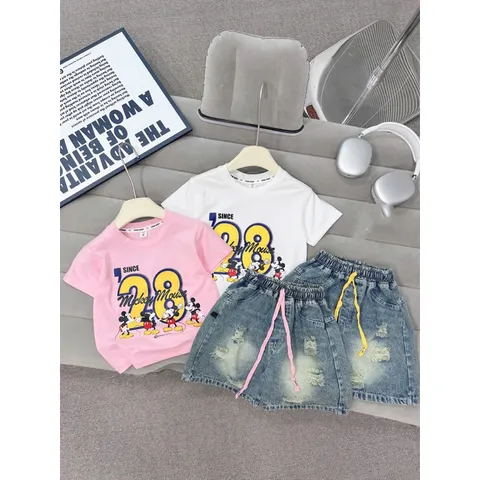 Quần áo bé gái, set bộ áo cotton họa tiết Mickey 28 kèm quần short jean lửng cho bé 15-35kg