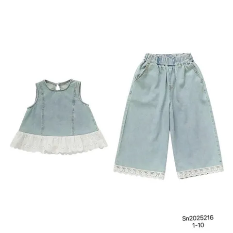 Quần áo bé gái, set áo sát nách kèm quần suông chất jean tone xanh nhạt cho bé 12-30kg