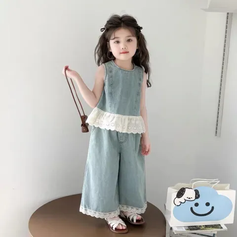 Quần áo bé gái, set áo sát nách kèm quần suông chất jean tone xanh nhạt cho bé 12-30kg